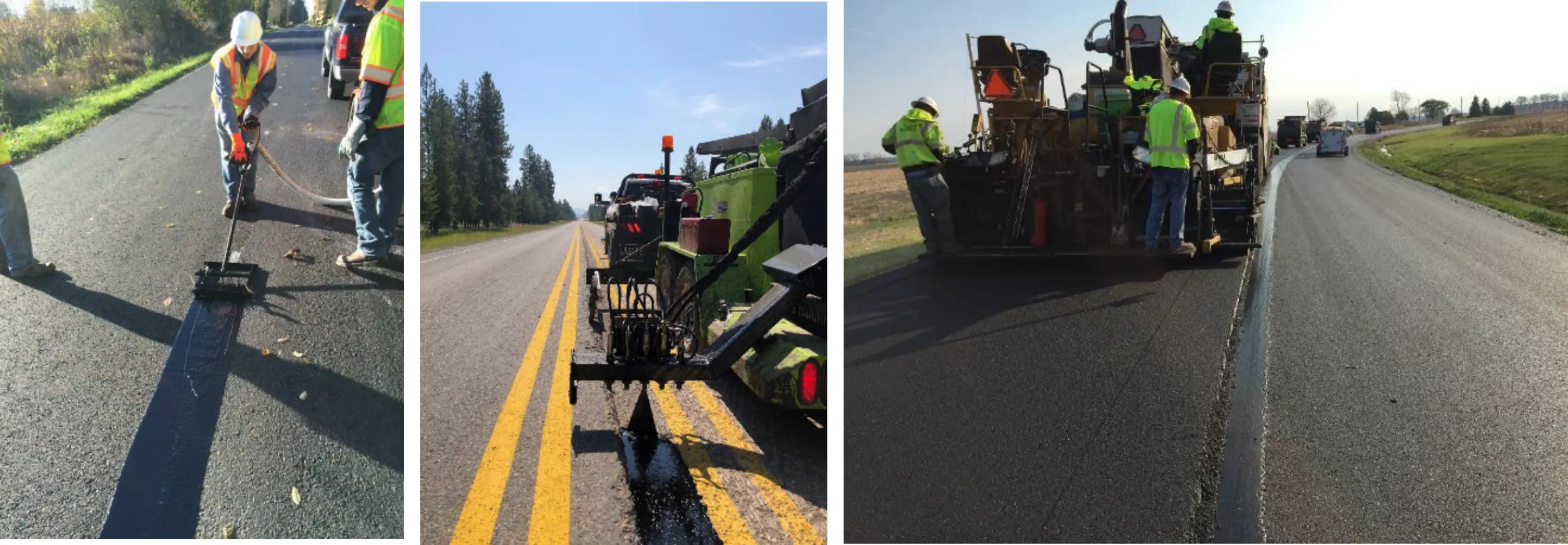 Figure 149. VRAM Is Applied with Manual Strike-Off Box (left) or Modified Distributor (middle), then Paved Over (right)