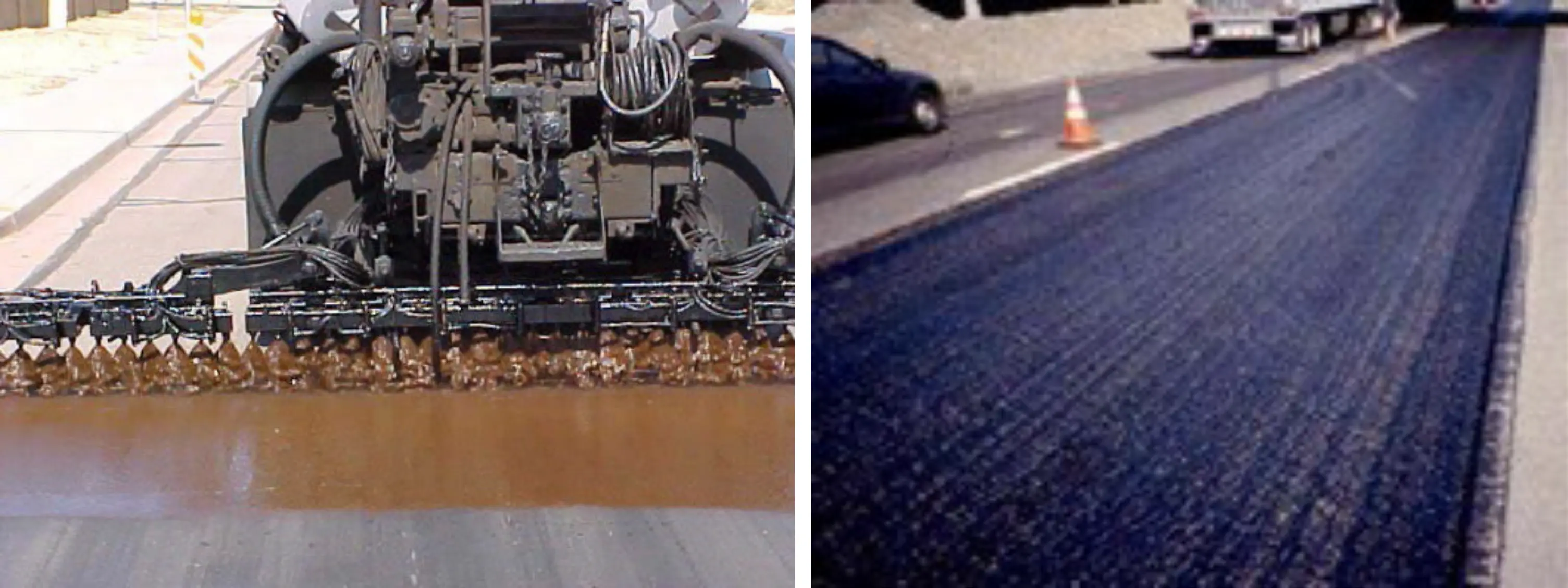 Figure 67. Emulsion Tack Coat Applied—Unbroken Tack (left), Broken Tack (right)