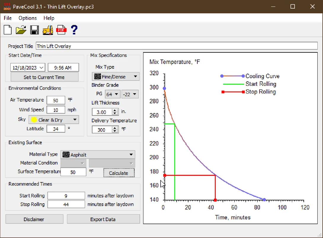 Figure 6. Available Compaction Time Example for a 3-inch Mat
